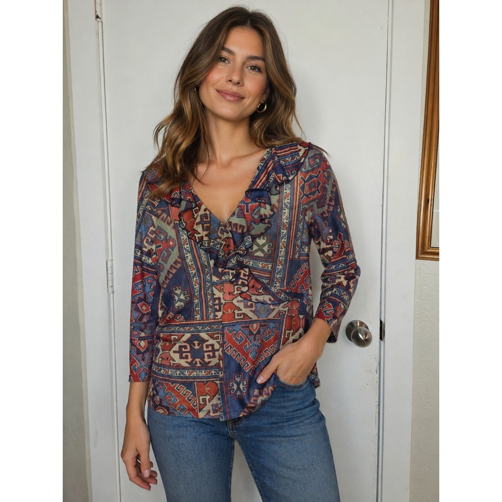 Chaps Denim Ruffle Mesh Top Womens XL Southwestern Faux Wrap Aztec Boho